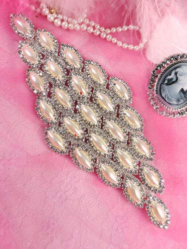TS40 Silver Crystal Clear Pearl Rhinestone Applique Embellishment 8.25"