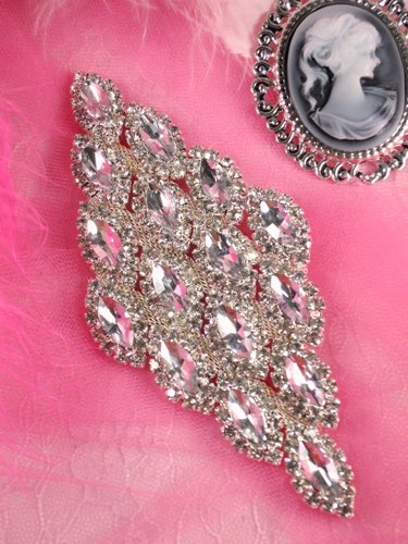 TS47 Silver Crystal Clear Rhinestone Applique Embellishment 5.5"