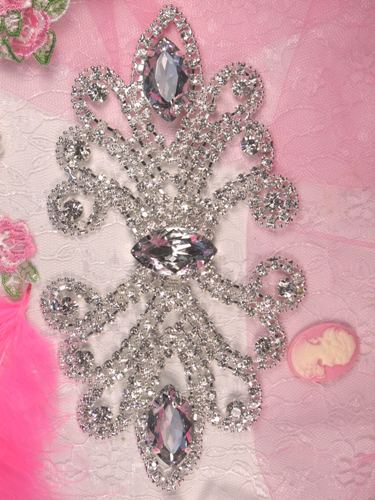 TS9 Silver Crystal Clear Diamond Rhinestone Applique Embellishment 7"