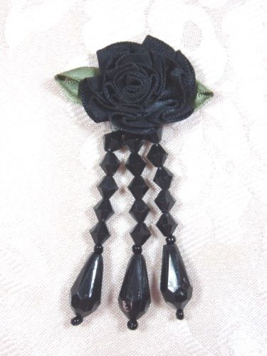 VD1  Black Floral Dangle Beaded Applique 3"