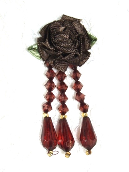 VD1  Brown Floral Dangle Beaded Applique 2.75"