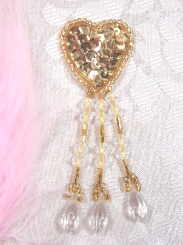 VD13  Gold Heart  Dangle Beaded Applique 3"