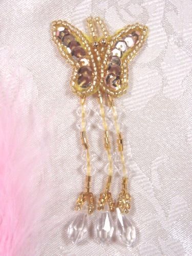 VD14  Gold Butterfly Dangle Beaded Sequin Applique 3"