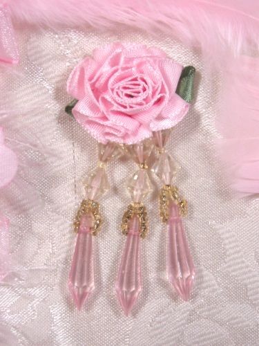 VD2  Pink Floral Dangle Beaded Applique 3"