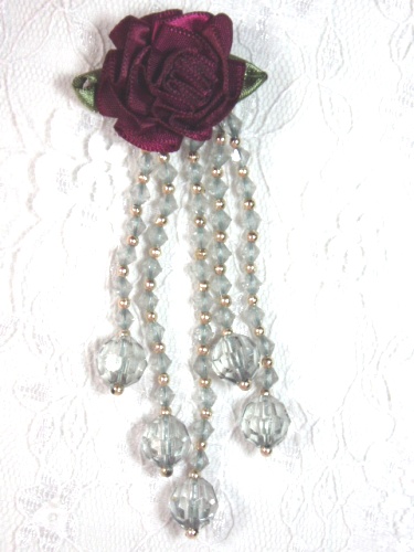 VD21 Burgunday Gray Floral Dangle Beaded Applique 3.75"