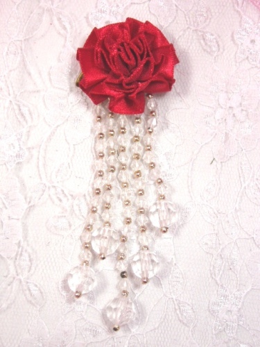 VD21  Red Crystal Floral Dangle Beaded Applique 3.75"