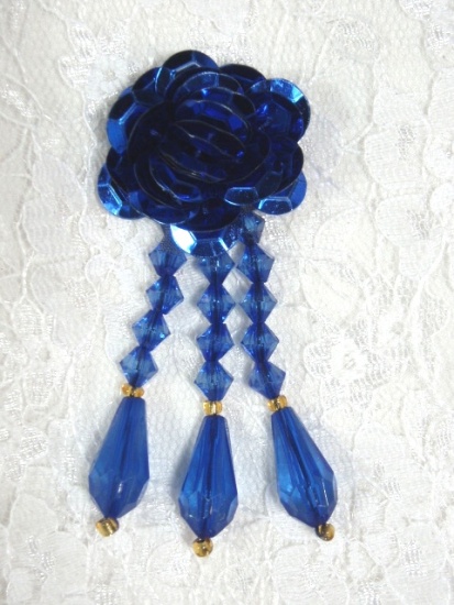 VD5  Blue Floral Dangle Sequin Beaded Applique 2.75"
