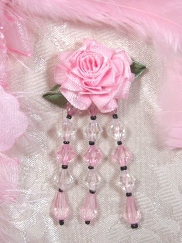 VD7  Pink Black Floral Dangle Beaded Applique 3"