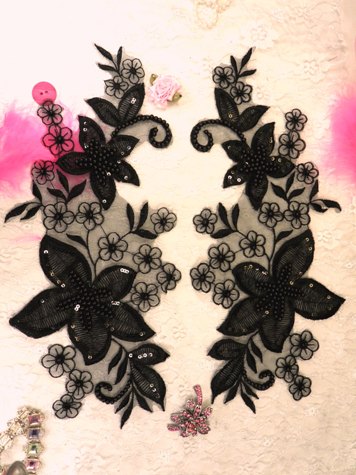 W16  Black Venise Lace Mirror Pair Beaded Sequin Appliques 12"