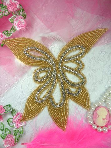 W28 Gold Beaded Crystal Rhinestone Applique 7"