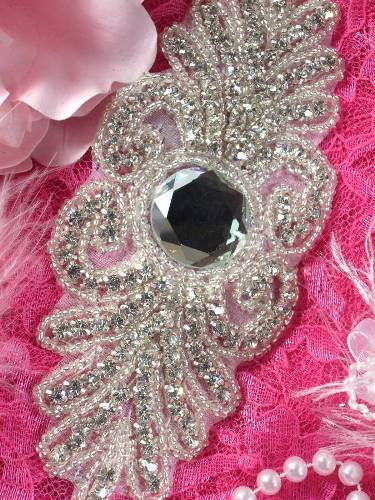 XR100 Crystal Clear Silver Beaded Rhinestone Applique 7"