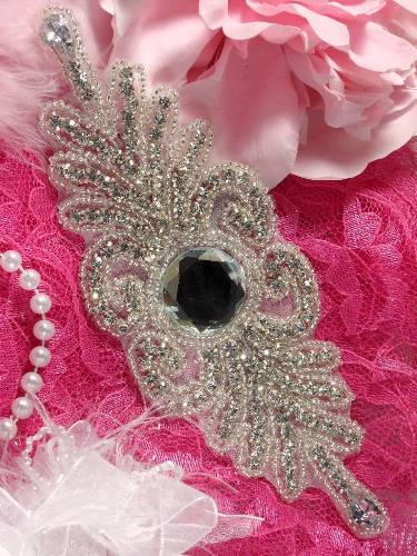 XR100 Crystal Clear Silver Beaded Rhinestone Applique 7"