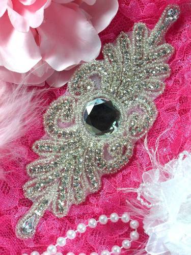 XR100 Crystal Clear Silver Beaded Rhinestone Applique 7"