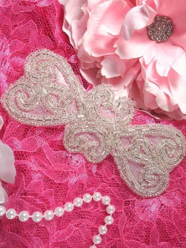 XR103 Double Heart Silver Beaded Applique 5"