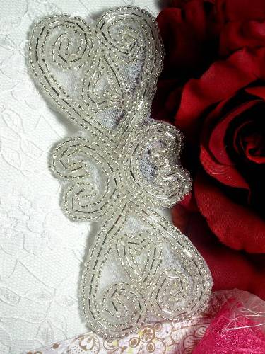 XR103 Double Heart Silver Beaded Applique 5"