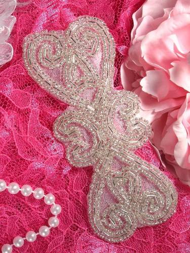 XR103 Double Heart Silver Beaded Applique 5"