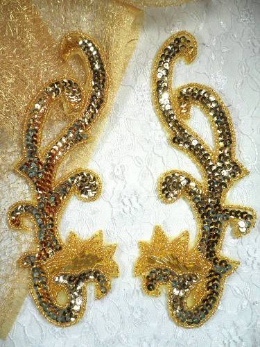 XR107 Gold Mirror Pair Beaded Sequin Appliques