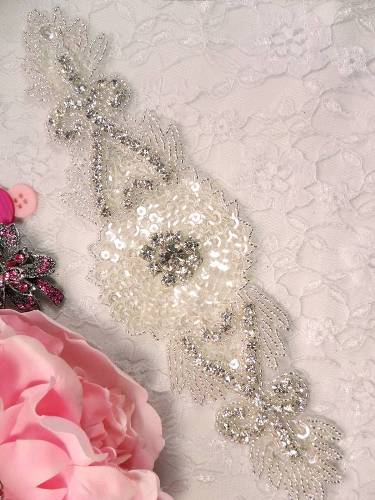 XR109 Crystal Clear Sequin Silver Beaded Rhinestone Applique 8.75"