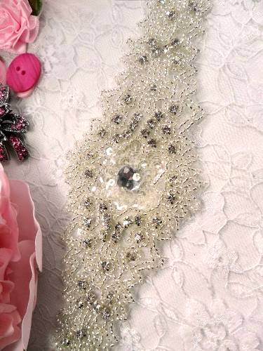 XR110 Crystal Clear Sequin Silver Beaded Rhinestone Applique 11"