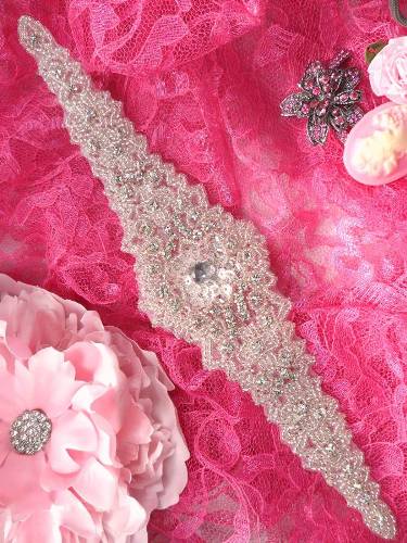 XR110 Crystal Clear Sequin Silver Beaded Rhinestone Applique 11"