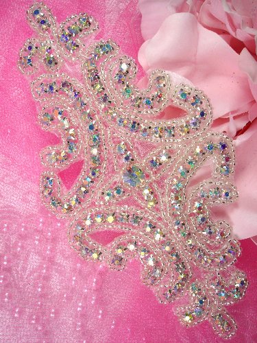 XR25  Aurora Borealis Crystal AB Rhinestone Silver Beaded Applique 6"