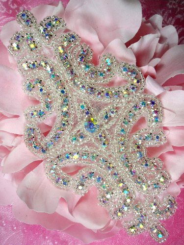 XR25  Aurora Borealis Crystal AB Rhinestone Silver Beaded Applique 6"