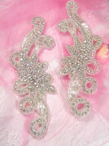 XR27 Crystal Clear Rhinestone Appliques Silver Beaded Mirror Pair 7.5"