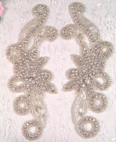 XR27 Crystal Clear Rhinestone Appliques Silver Beaded Mirror Pair 7.5"