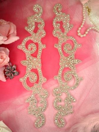 XR50  Silver Beaded Crystal Clear Mirror Pair Rhinestone Appliques 11.5"