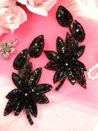 XR51 Black Floral Mirror Pair Beaded Sequin Appliques 6"
