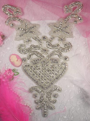 XR58 Crystal Clear Silver Beaded Bodice Rhinestone Applique 9"
