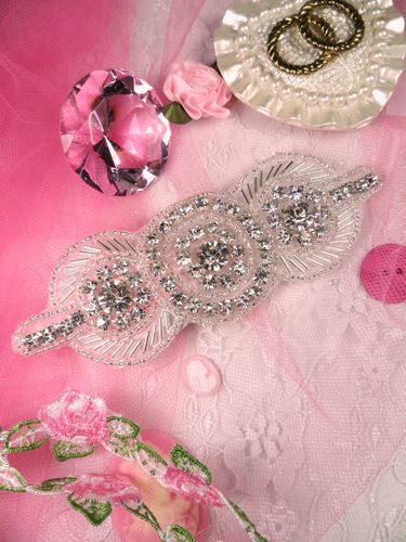 XR63 Crystal Clear Silver Beaded Rhinestone Applique 5"
