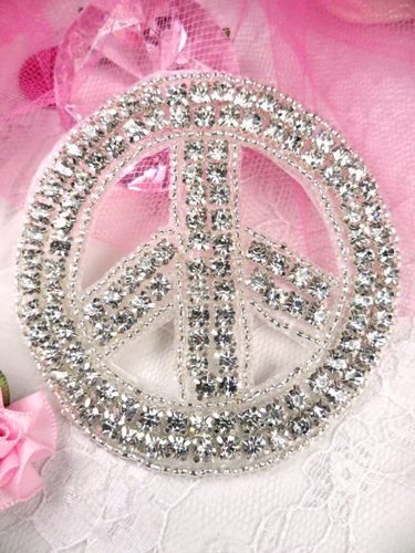 XR64 Crystal Clear Silver Beaded Peace Sign Rhinestone Applique