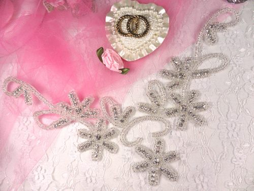 XR66 Crystal Clear Yoke Silver Beaded Rhinestone Applique 10"