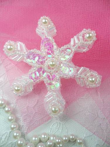 XR72  Crystal AB Pearl Snowflake Beaded Sequin Applique 2.5"