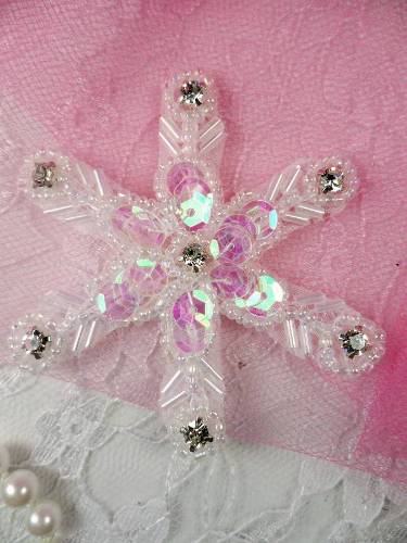 XR74  Crystal AB Rhinestone Snowflake Beaded Sequin Applique 2.5"