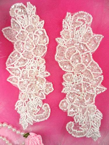 XR79 Crystal Pearl Floral Mirror Pair Beaded Sequin Appliques 6.5"