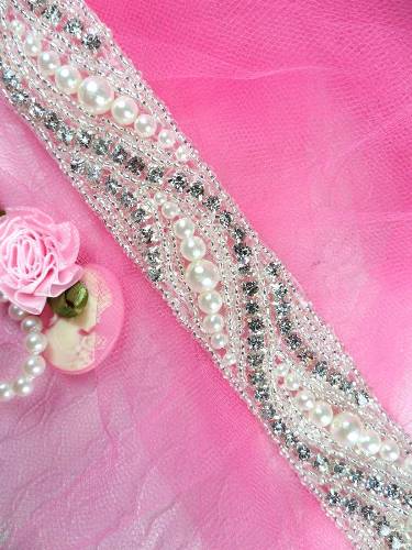 XR82 Silver Pearl Beaded Crystal Clear Rhinestone Trim