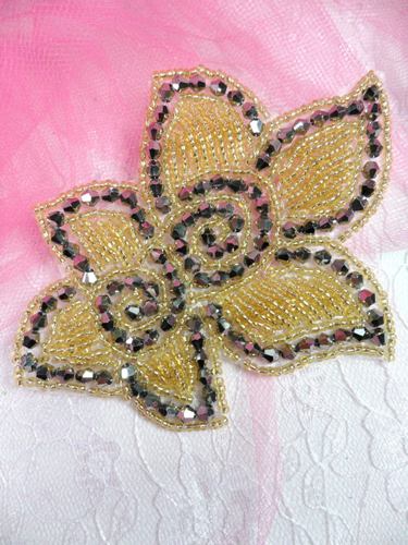 XR86 Gold Champagne Glass Floral Beaded Applique 4.5"