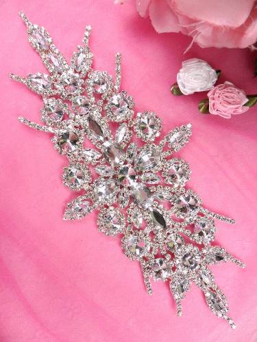 XR90 Silver Crystal Clear Rhinestone Applique Embellishment 9.75"