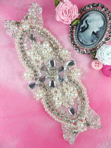 XR94 Precious Pearl  Beaded Rhinestone Applique 6.25"