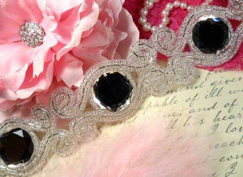 XR98 Scrolls of Diamonds Silver Beaded Crystal Rhinestone Trim 1.75"