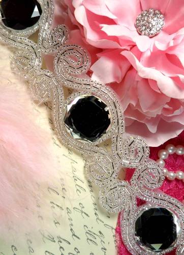 XR98 Scrolls of Diamonds Silver Beaded Crystal Rhinestone Trim 1.75"