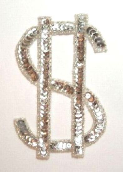 Silver Dollar Sign 4.5" Sequin Beaded Applique 0126