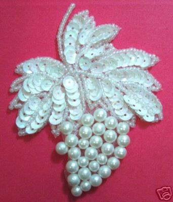 K8260  White AB Grape Cluster Pearl Sequin Beaded Applique 3.5"