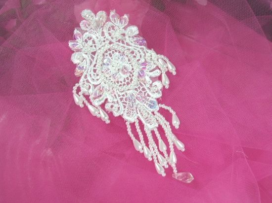 0133  Ivory Venise Lace Sequin Beaded Victorian Applique 6.5"