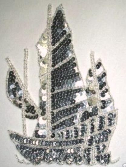 K9300 Silver Ship Sequin Beaded Appliques 7.25"