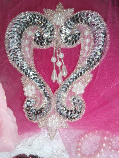 Silver Heart  4" Sequin Beaded Applique  0063