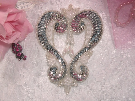 Silver Heart  4" Sequin Beaded Applique  0063