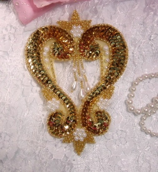 Gold Heart  4" Sequin Beaded Applique  0063